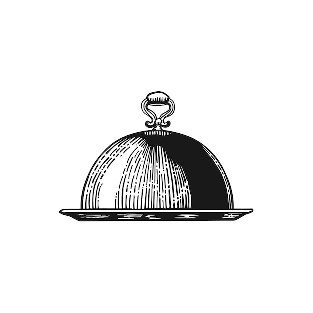 Plateau avec couvercle Cloche Plateau Restaurant menu croquis illustration vectorielle vintage Noir et blanc