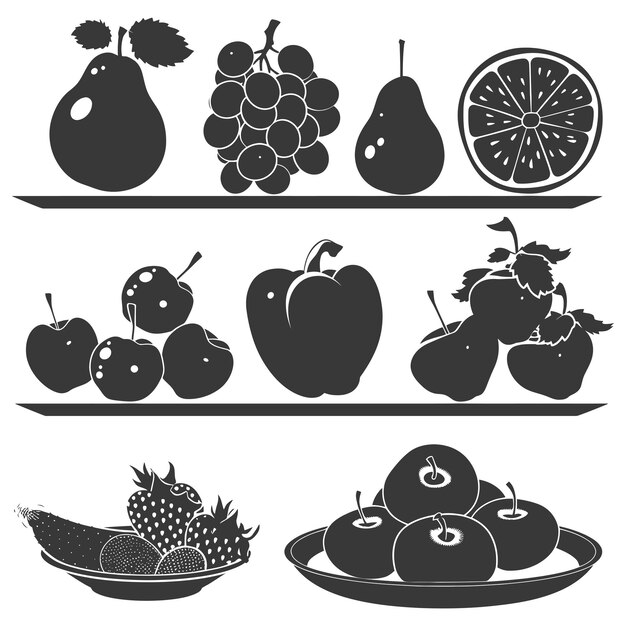 Vecteur plateau de fruits en silhouette couleur noire uniquement plein