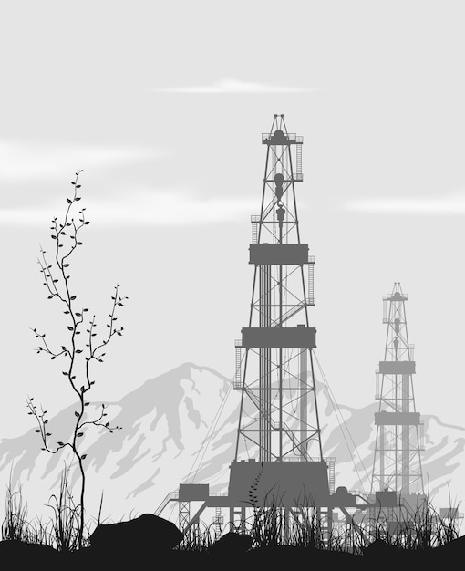 Plates-formes Pétrolières Au Champ Pétrolifère Au-dessus De La Chaîne De Montagnes. Illustration Vectorielle Détaillée.