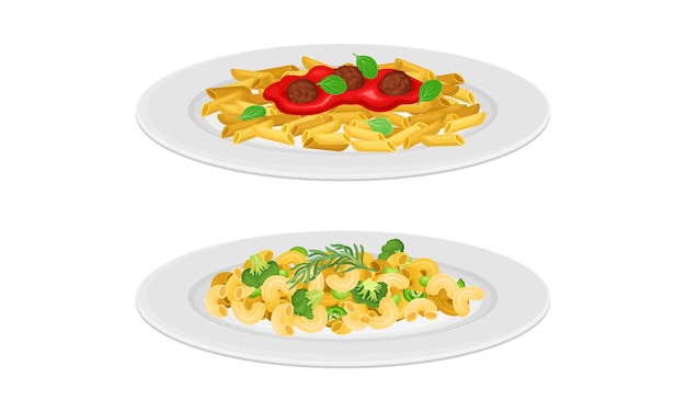 Des plats de cuisine italienne mettent en place des pâtes traditionnelles avec une illustration vectorielle de sauce végétale