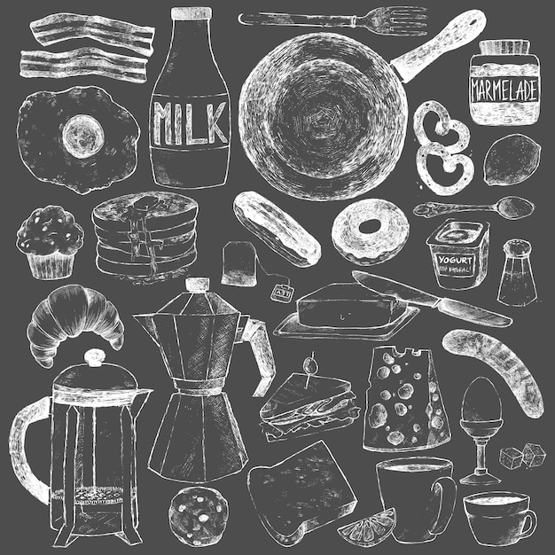 Plats De Cuisine Et Nourriture Pour Le Petit Déjeuner Grand Ensemble. Illustration De Style Vintage. Dessin à La Main à La Craie Blanche Sur Un Tableau Noir. Art Vectoriel. Objets Isolés Pour Le Menu Design Des Restaurants Et Des Cafés.