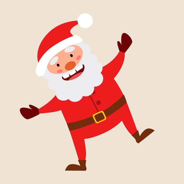 Plein Père Noël avec ses bras écartés se dresse sur une jambe. Personnage de dessin animé