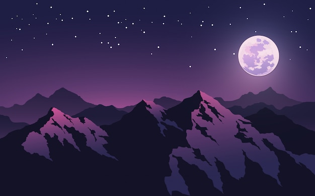Pleine lune et étoiles sur les sommets des montagnes