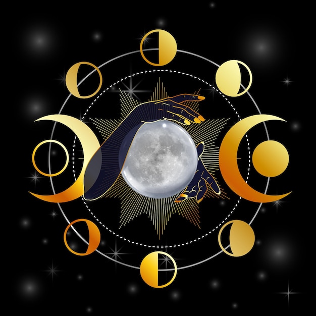 Vecteur la pleine lune avec le symbole de la déesse triple dans les mains d'une femme
