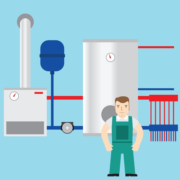 Vecteur plombier et chaufferie en arrière-plan