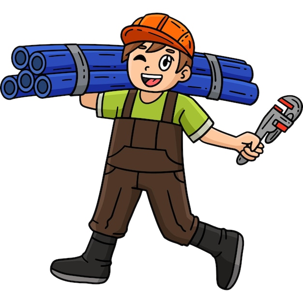 Plombier de construction avec un clip de dessin animé de tuyau
