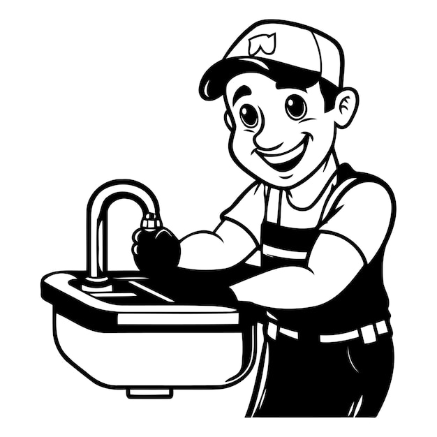 Plombier avec un évier et un robinet Illustration vectorielle dans le style de dessin animé