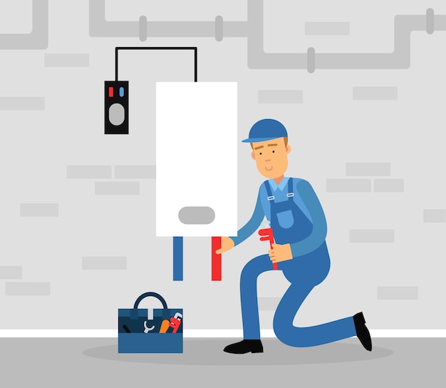 Plombier professionnel en uniforme bleu illustration vectorielle de la chaudière de fixation