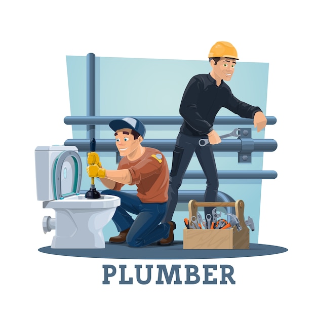 Plombiers avec outils de travail, travailleurs des services de plomberie