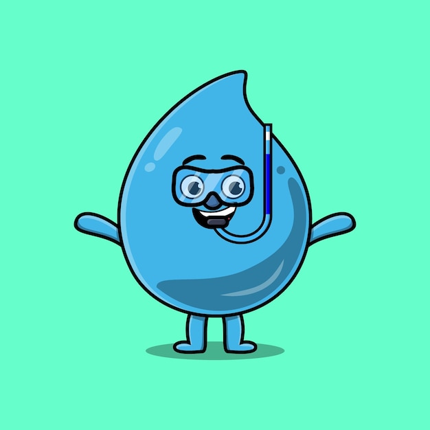 Plongeur de goutte d'eau de dessin animé mignon avec verre de natation dans un style plat moderne