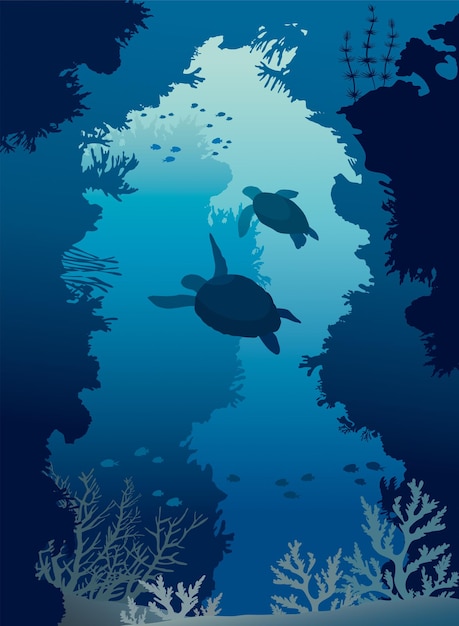 Vecteur plongeur sous-marin et silhouette de récif de corail avec des poissons dans la mer bleue illustration vectorielle avec sous-marins tropicaux