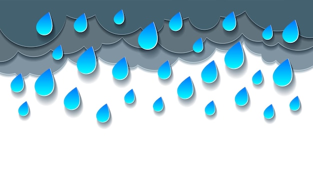 Pluie avec des gouttes d'eau qui tombent vector illustration de dessin animé de coupe de papier de style moderne.