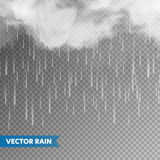 Pluie réaliste avec des nuages sur un fond transparent chute d'eau gouttes d'eau effet automne pluvieux humide