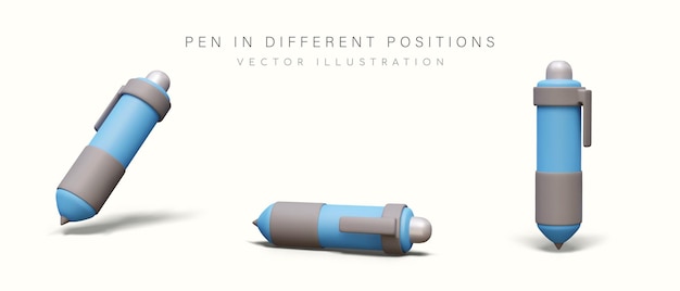 Plume à bille bleue avec bouton Objet réaliste en position verticale horizontale inclinée