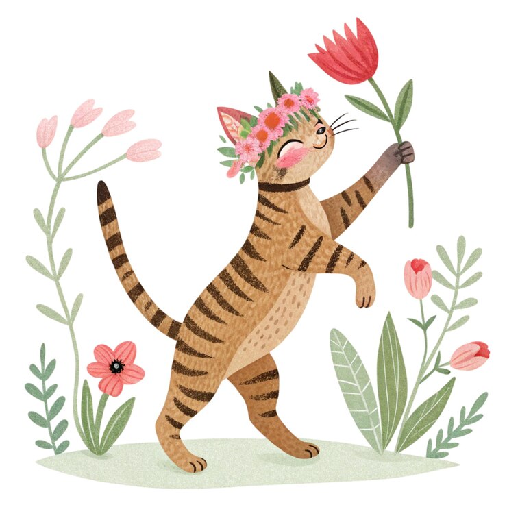 Vecteur le plus mignon chat du monde porte une couronne de fleurs et tient la plus belle fleur.