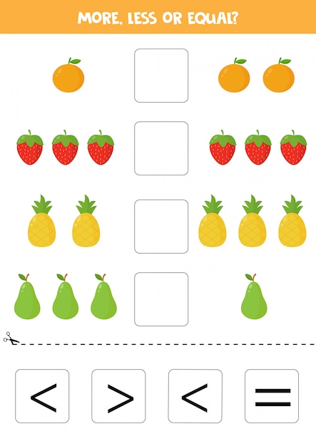 Plus, Moins Ou égal Avec Des Fruits De Dessins Animés Mignons. Jeu De Mathématiques éducatif Pour Les Enfants. Vector Orange, Fraise, Ananas, Poire.