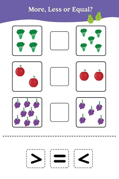 Plus moins ou égal Jeu de mathématiques éducatif pour les enfants Conception de feuilles de travail pour l'école maternelle ou la maternelle