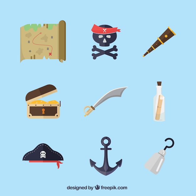 Vecteur plusieurs objets pirates dans un design plat