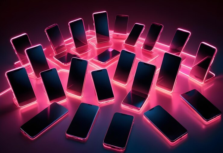 Plusieurs smartphones avec des écrans noirs sont assis en cercle sur une surface réfléchissante sombre avec des lignes roses brillantes