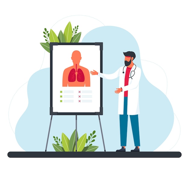 Pneumologue Examine Les Poumons. Le Concept De Pneumologie, Un Système Respiratoire Sain. Médecin Spécialiste Donnant Des Informations Sur Les Poumons. Médecin, Conférence, Respiration Plate Illustration Vectorielle