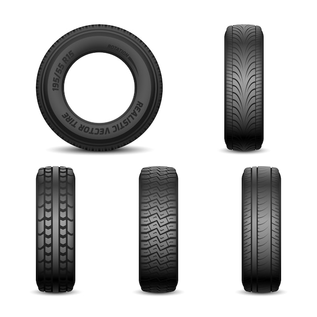 Vecteur pneus vectoriels réalistes avec différentes marques de bande de roulement