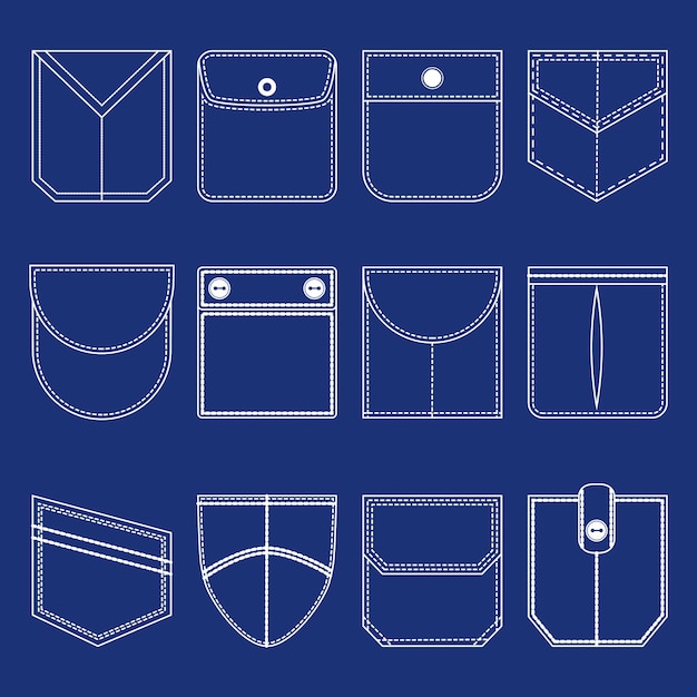 Pocket Thin Line White Icon Set Vector