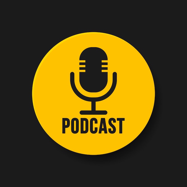 Podcast de badges. Illustrations vectorielles à plat. Symbole de studio d'enregistrement de microphone. Icône de microphone rétro en cercle jaune pour logo, application, interface utilisateur sur fond noir.