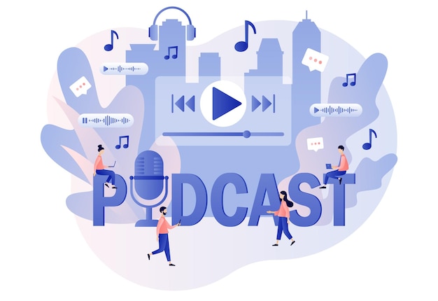 Podcast Gros Texte Petites Personnes écoutant De L'audio Podcasteur Parlant Dans Le Microphone Formation En Ligne