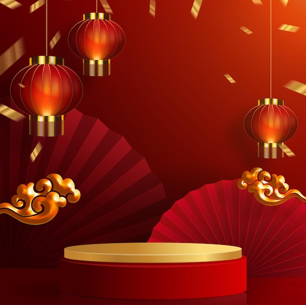 Podium 3d rond, podium de scène carré et art du papier Nouvel an chinois, festivals chinois, festival de la mi-automne, papier rouge découpé, ventilateur, fleur et éléments asiatiques avec style artisanal sur fond.