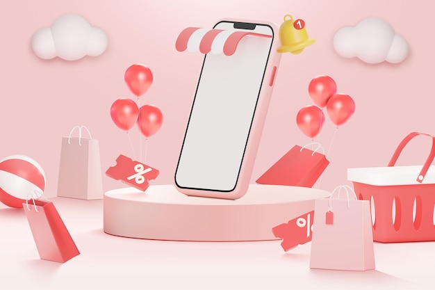 Vecteur podium 3d de vente de la saint-valentin avec boule de ballon de sac à provisions pour smartphone et panier