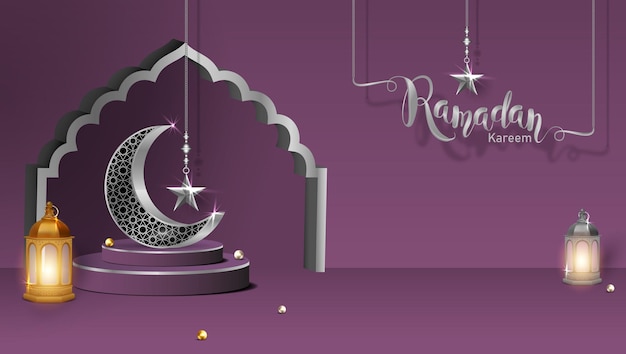 Vecteur podium d'affichage de bannière de vacances islamique moderne 3d avec lune en métal de lanterne de ramadan et portail de mosquée