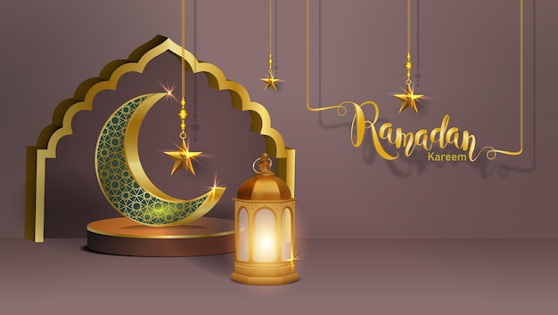 Podium D'affichage De Bannière De Vacances Islamique Moderne 3d Avec Lune En Métal De Lanterne De Ramadan Et Portail De Mosquée