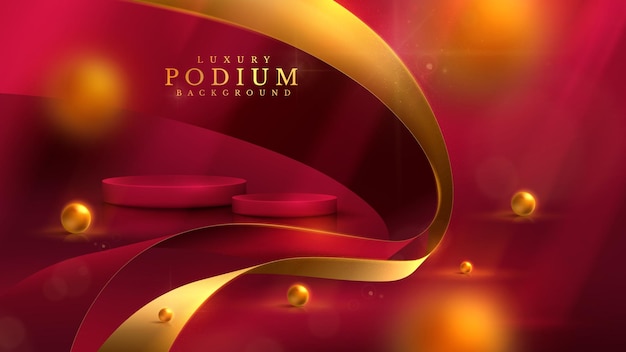 Podium d'affichage de produit rouge avec ruban doré et élément de boule 3d et décoration flou et bokeh