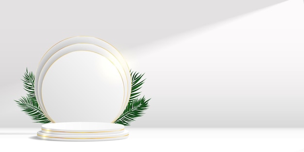 Podium blanc 3D avec des cercles et des feuilles de palmier derrière