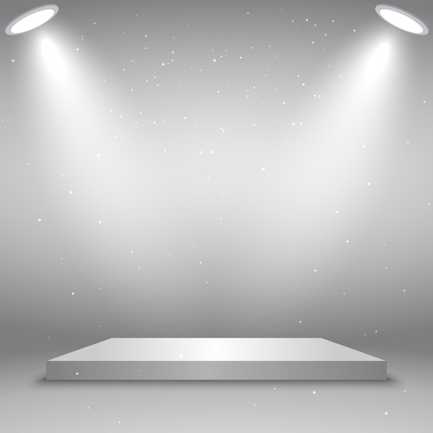 Vecteur podium carré blanc. plate-forme éclairée par des projecteurs