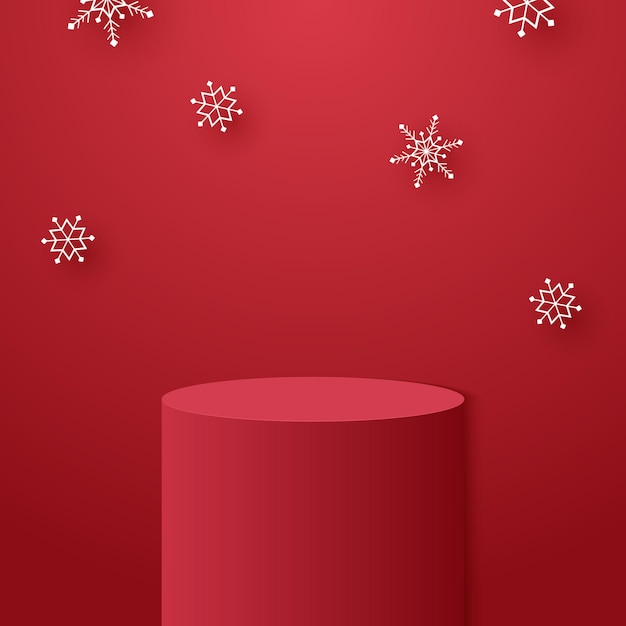 Podium De Cylindre Rouge Avec Chute De Flocons De Neige Et Maquette De Modèle Pour L'événement De Noël