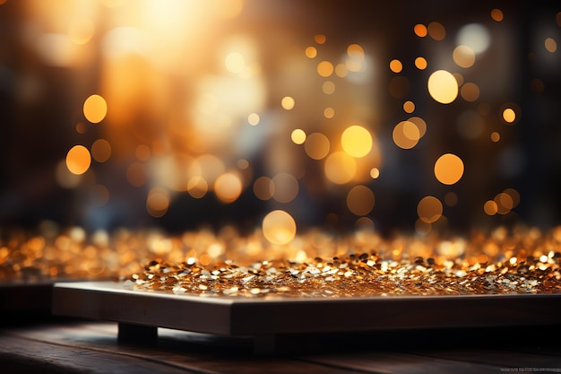 Podium Doré Avec Une Lumière Dorée Sur La Table En Bois