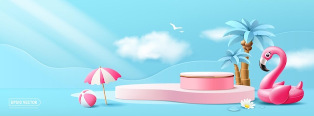 Podium d'été affichage flamants roses anneau gonflable en caoutchouc noix de coco parapluie de plage sur bleu