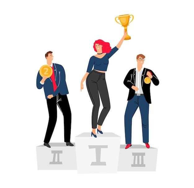 Podium Gagnant. Les Gens D'affaires Gagnent, équipe Créative Heureuse. Femme De Bande Dessinée Tenant Le Trophée D'or Et Les Hommes Avec Des Médailles Sur Le Concept De Vecteur De Piédestal