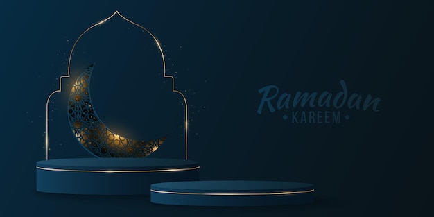 Podium Islamique Pour Le Ramadan Kareem Lune Rougeoyante De L'ornement Arabe Traditionnel Piédestal 3d Avec Arc Doré Scène Musulmane Minimale Eid Mubarak Illustration Vectorielle