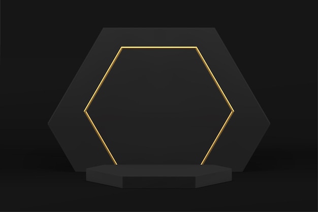 Podium de luxe 3d noir avec fond de mur hexagonal pour illustration vectorielle de produit masculin. Piédestal élégant réaliste avec vitrine publicitaire cadre doré pour la promotion commerciale de mode brutale