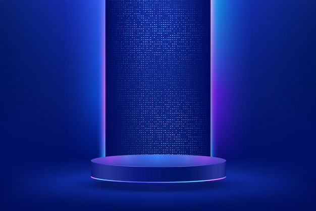 Podium de piédestal de cylindre 3D bleu réaliste dans une salle abstraite avec néon et paillettes de points brillants