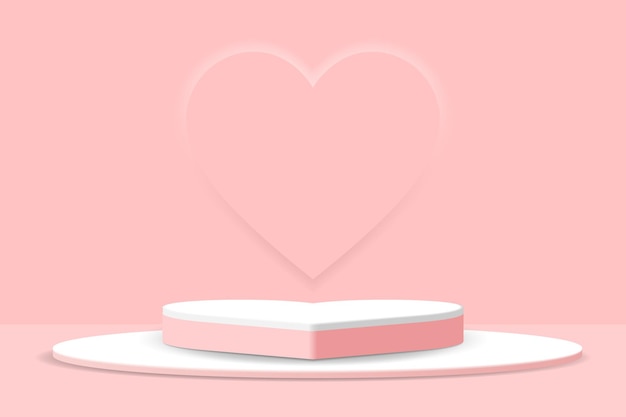 Podium de piédestal cylindrique 3D au cœur rose et blanc réaliste avec forme de cœur rose clair