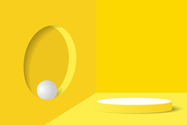 Podium de piédestal cylindrique 3D jaune et blanc réaliste avec fenêtre ronde et boule sphérique
