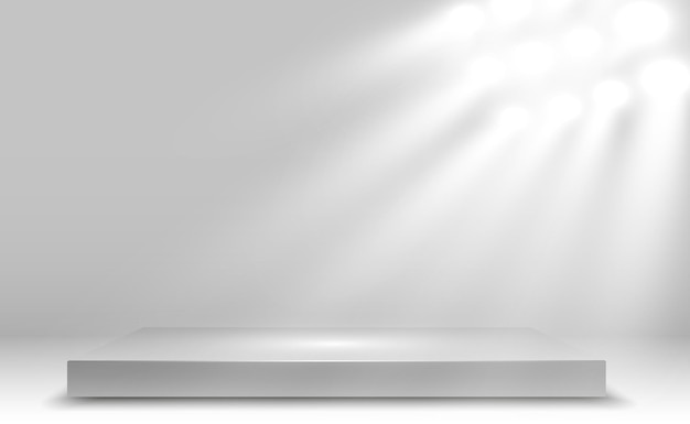 Vecteur podium, piédestal ou plate-forme, éclairé par des projecteurs en arrière-plan. illustration vectorielle.