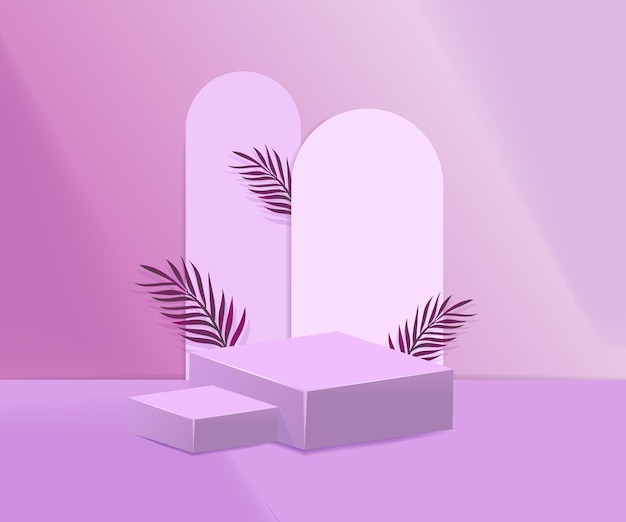 Podium et piédestal de produit 3d de couleur rose avec des feuilles de palmier