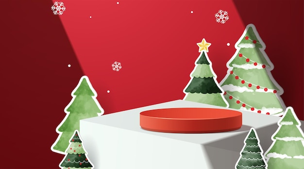 Podium pour afficher la décoration de Noël d'affichage de produit d'hiver sur fond rouge avec le vecteur 3D de Noël d'arbre