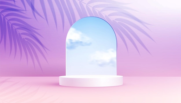 Podium de présentation du produit décoré de nuages réalistes dans un cadre en verre sur fond pastel de couleur d'été avec superposition de feuilles de palmier ombre