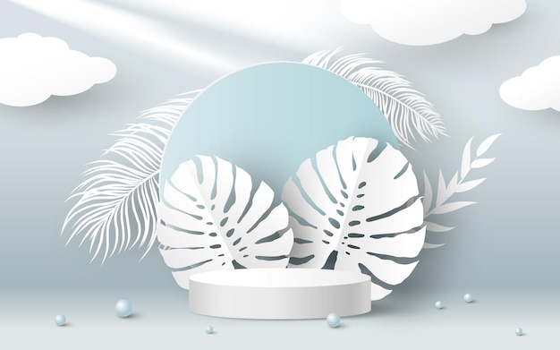 Podium de produit blanc vierge et feuilles de monstera tropicales en papier sur fond bleu illustration vectorielle 3D