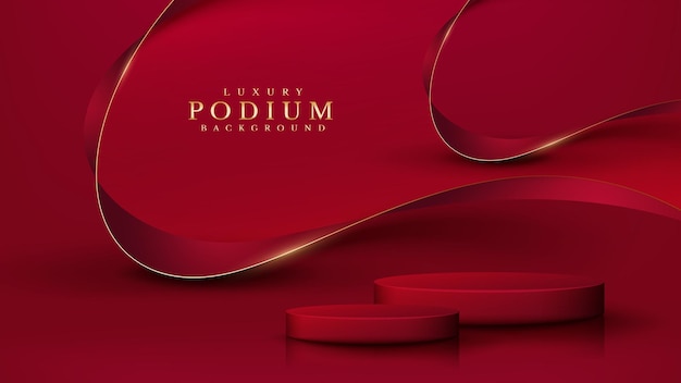 Podium De Produit Rouge Avec éléments De Ruban Et Lignes Dorées Avec Décoration à Effet De Lumière Scintillante